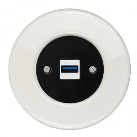 OBZOR RETRO juodas USB lizdas su krovimo funkcija ir baltu keraminiu rėmeliu