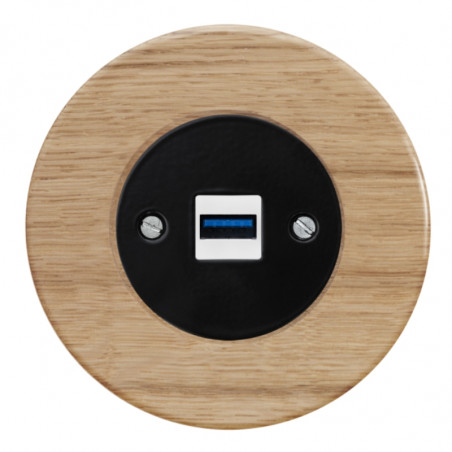 OBZOR RETRO juodas USB lizdas su krovimo funkcija ir ąžuolo rėmeliu