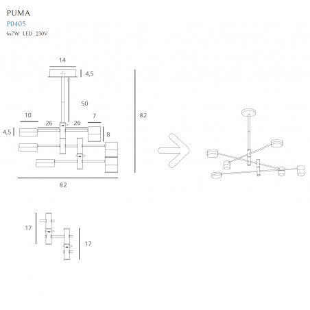 Pakabinamas šviestuvas PUMA LED 6x 7W BK/GD - 5 - 371,85 €