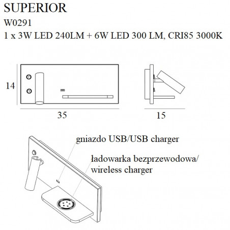 Sieniniai šviestuvai - Sieninis šviestuvas SUPERIOR su USB lizdu ir indukcinių krovikliu baltas - 172,40 €